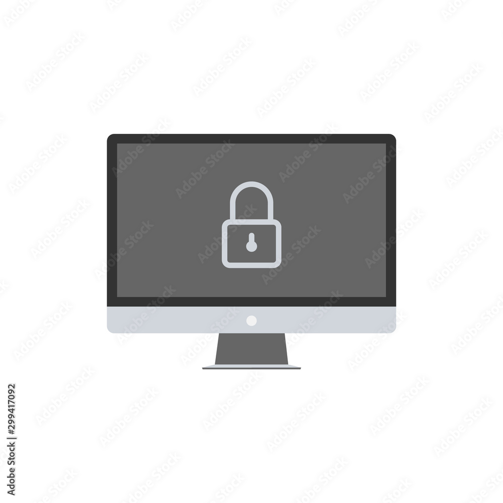Desktop computer and lock on screen. Computer security, password, privacy, confidential information protection concepts. Premium quality. Modern flat design graphic elements. Vector illustration Desktop computer and lock on screen. Computer security, password, privacy, confidential information protection concepts. Premium quality. Modern flat design graphic elements. Vector illustration