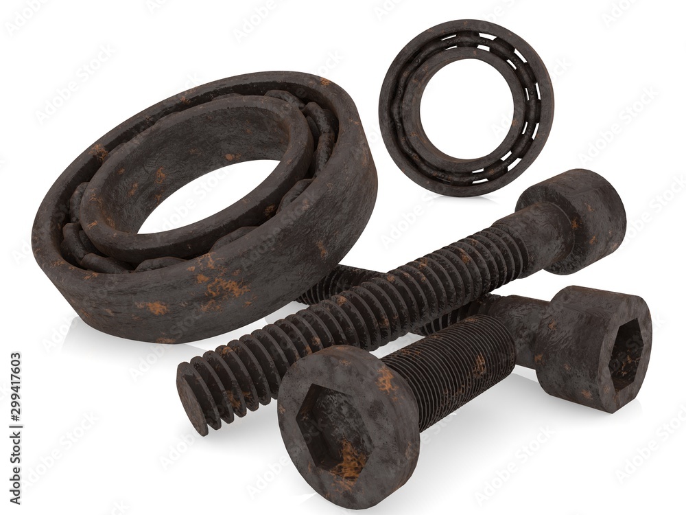 Composition of screws and pillow blocks in rusty old metal on white Composition of screws and pillow blocks in rusty old metal on white