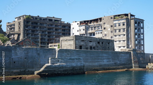 Gunkanjima is an abandoned city of a coal miners on the Hashima island in Japan.