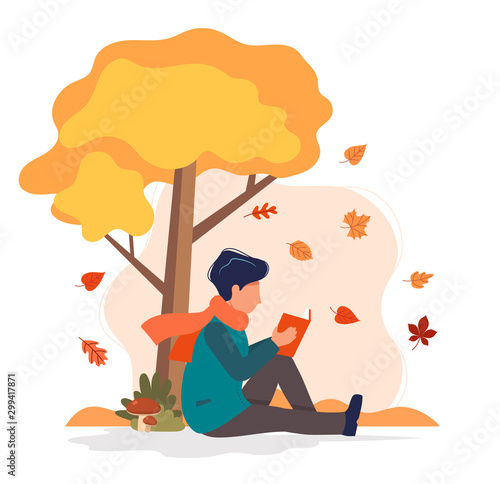 Man sitting with book under the tree in autumn. Vector illustration in flat style