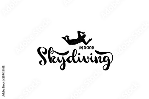 Indoor skydiving hand drawn lettering logo, emblem with flying silhouette of man.