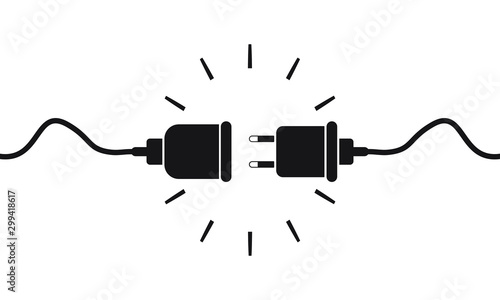 Electric socket with a plug. Connection and disconnection concept. 404 error connection sign isolated. Electric plug and outlet socket unplugged. Wire, cable of energy disconnect. Vector illustration