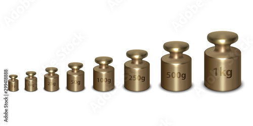 Vector 3d Realistic Metal Calibration Laboratory Weight Different Sizes Icon Set Closeup Isolated on White Background. Design Template of Little Weights for Mechanical Jewelry Scales