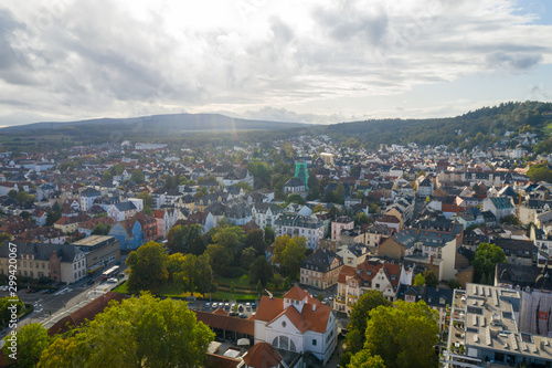 An aerial panorama of Bad Nauheim (Germany) with autumn trees