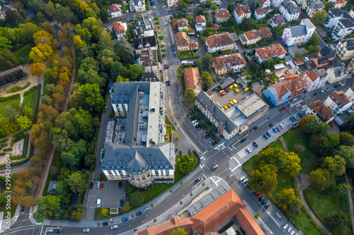 An aerial panorama of Bad Nauheim (Germany) with autumn trees