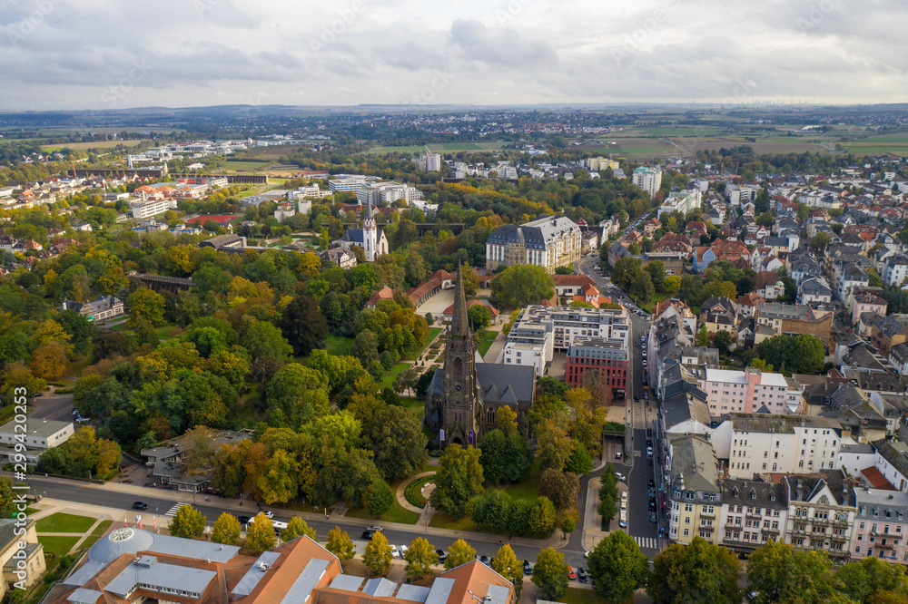 An aerial panorama of Bad Nauheim (Germany) with autumn trees