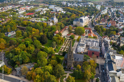 An aerial panorama of Bad Nauheim (Germany) with autumn trees
