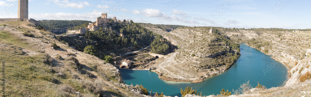 Panoramic view of the town of Alarcón with the Castle of Altas Torres and the Reservoir of Alarcón (Cuenca) Spain