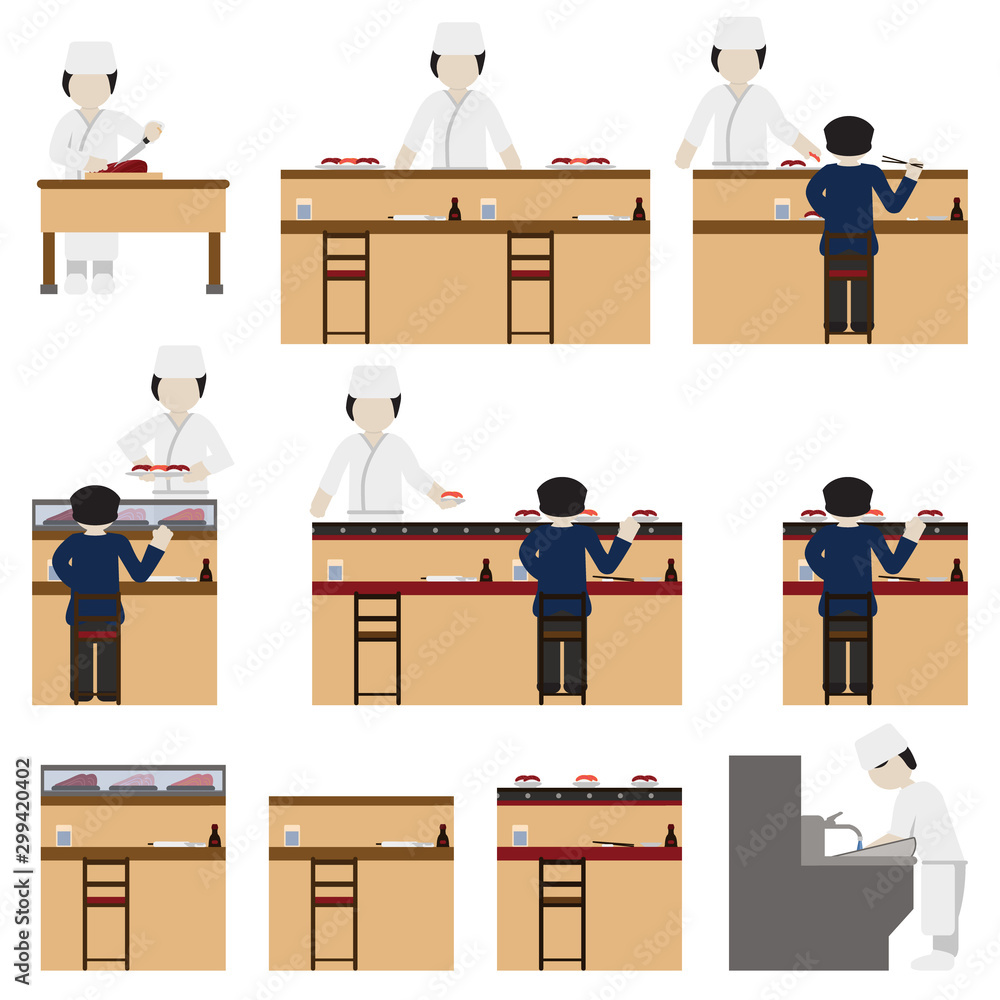 Sushi chef and restaurant set. Vector. Sushi chef and restaurant set. Vector.