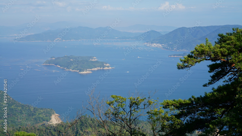 Panoramic view from the top of mountain Misen on Miyajima island in Japan.