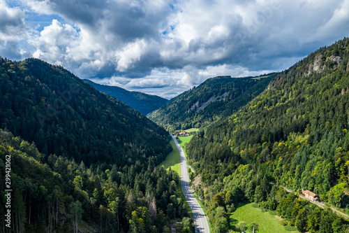 An aerial panorama of Breitnau (Germany) with autumn trees