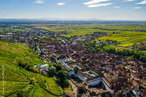 An aerial panorama of Ribeauvillé (France) with vineyards