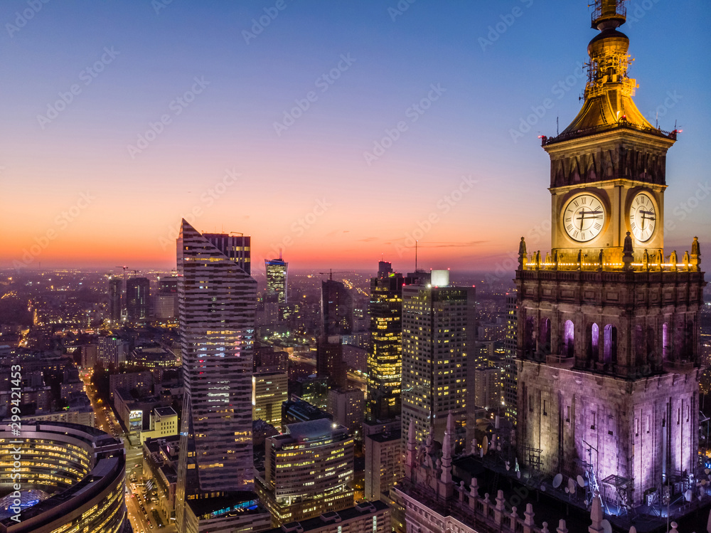 Warsaw city center and Warsaw skyscrapers at dusk aerial view - obrazy, fototapety, plakaty 