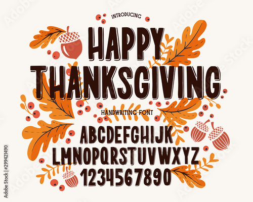 Font thanksgiving day. Typography alphabet with colorful autumn illustrations.