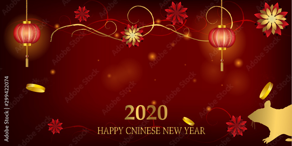 2020 Chinese New Year Rat zodiac sign. Red and gold festive background with rat.