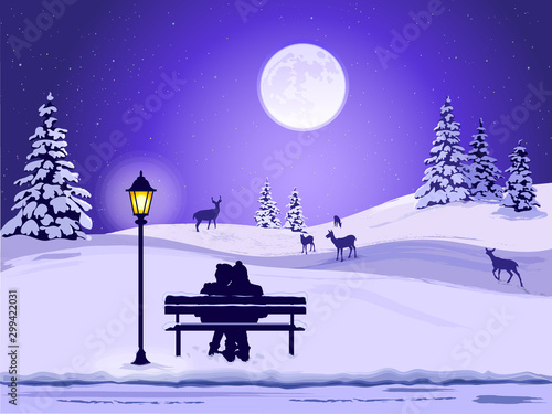 Winter snowy landscape with a bright moon and silhouettes of a couple sitting together on a park bench with a street light beside them and deer in the distance.