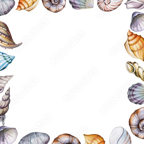 Template for postcards from seashells. Watercolor
