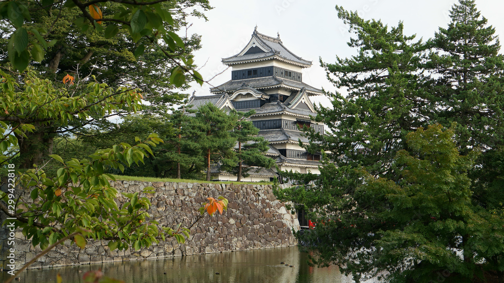 Obraz premium Black castle and garden with pond in Matsumoto, Nagano prefecture, Japan.