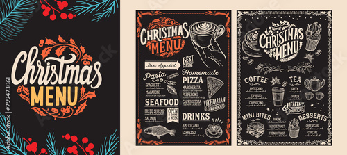 Christmas and New Year food menu template for restaurant. Vector illustration for holiday dinner with lettering.