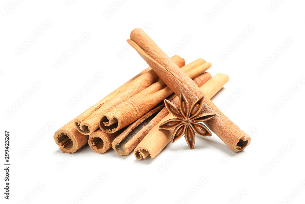 Cinnamon sticks and fragrant anise isolated on white background