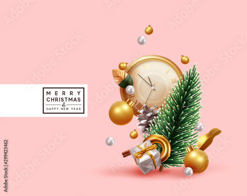 Merry Christmas and Happy New Year. Xmas Festive background with realistic objects. Holiday elements, 3d render and realism. Greeting card, banner, web poster. vector illustration