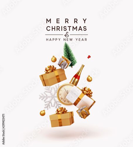 Merry Christmas and Happy New Year. Xmas Festive background with realistic objects. Holiday elements, 3d render and realism. Greeting card, banner, web poster. vector illustration