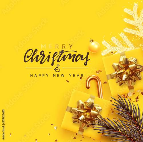 Holiday Christmas background. Xmas design with realistic festive objects, sparkling light garland, gift box, yellow snowflake, glitter gold confetti, pine, fir branches. Happy New Year. flat top view