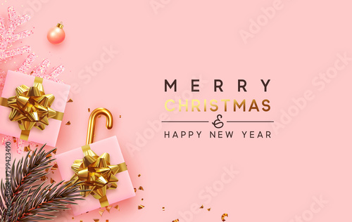 Holiday Christmas background. Xmas design with realistic festive objects, sparkling light garland, gift box, pink snowflake, glitter gold confetti, pine and fir branches. Happy New Year. flat top view