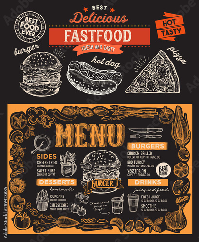 Burger menu food template for restaurant with doodle hand-drawn graphic.