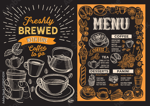 Coffee drink menu template for restaurant with doodle hand-drawn graphic.