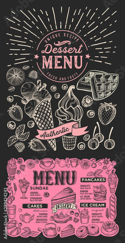 Dessert menu food template for restaurant with doodle hand-drawn graphic.