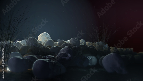 pile of skulls at night with dramatic lighting horrors background 3d illustration halloween murder death concept side view.