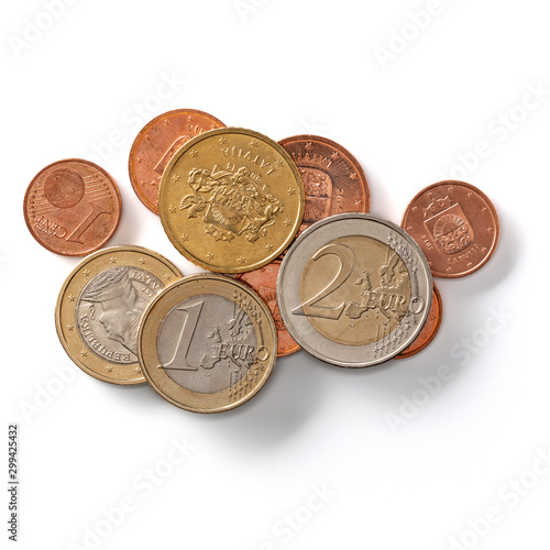 Euro coins isolated over white background closeup. Money concept. Top view, flat lay