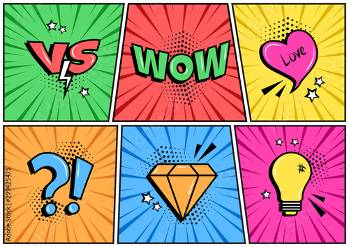 Colorful set of comic icon with different speesh elements in pop art style. Vector illustration photo