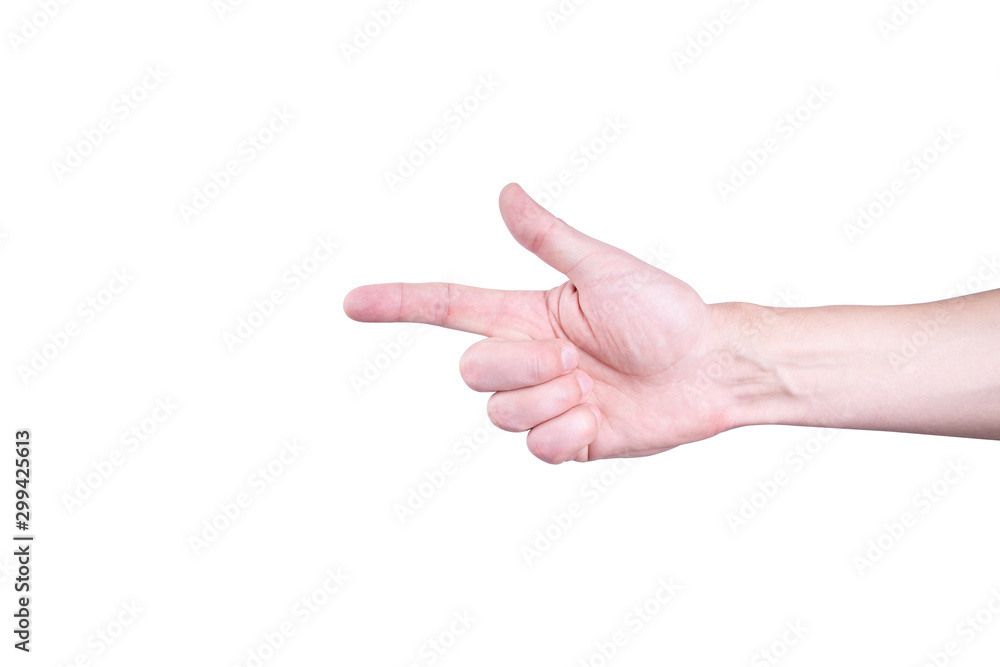 person hand with gun gesture, gun symbol. isolated on white. person hand with gun gesture, gun symbol. isolated on white.