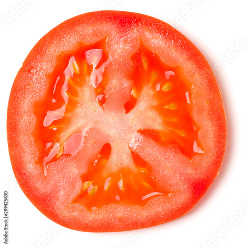 Slice of tomato isolated over white background. Top view, flat lay..