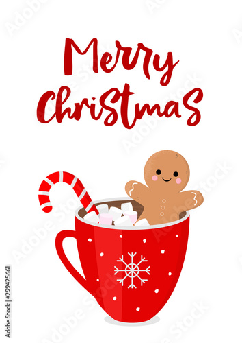 Christmas vector card. Funny gingerbread man in red cup of cocoa with marshmallows