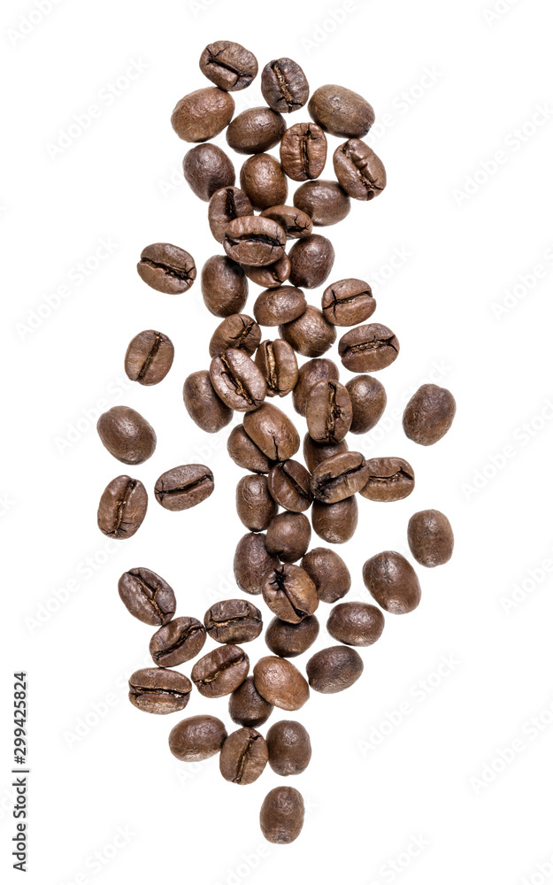 Coffee beans isolated over white background. Top view. Flat lay. Coffee beans flow in air, without shadow.. Coffee beans isolated over white background. Top view. Flat lay. Coffee beans flow in air, without shadow..