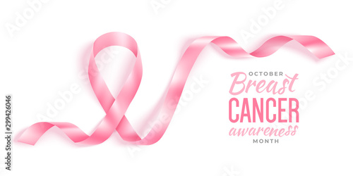 Breast cancer awareness month vector banner with photorealistic pink ribbon