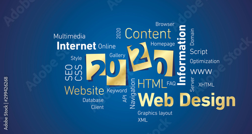 Web Design New Year 2020 gold white word cloud blue board background