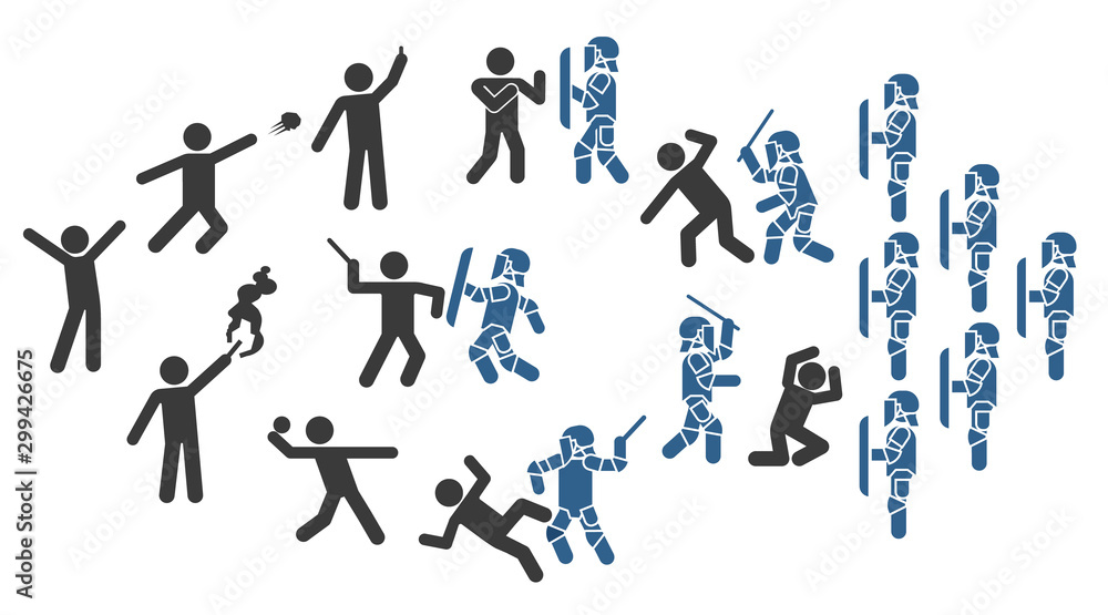 Police special forces. Set of icons that represent confrontation between police and demonstrators. Set of pictograms that represent police and protesters clash. Police special forces. Set of icons that represent confrontation between police and demonstrators. Set of pictograms that represent police and protesters clash.