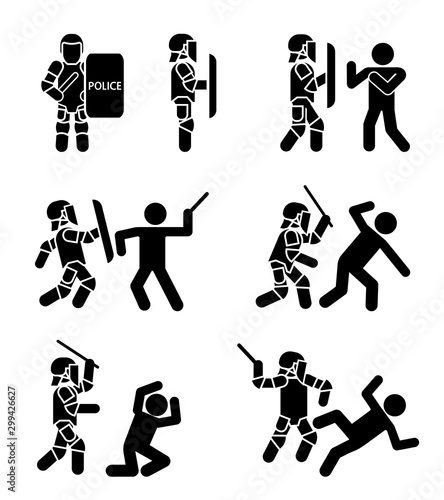 Police special forces. Set of icons that represent confrontation between police and demonstrators. Set of pictograms that represent police and protesters clash.