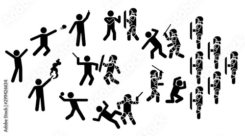 Police special forces. Set of icons that represent confrontation between police and demonstrators. Set of pictograms that represent police and protesters clash.