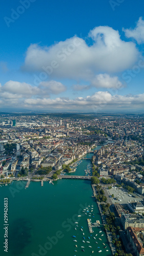 Beautiful aerial drone view of Zurich city and lake, during summer time, in Switzerland