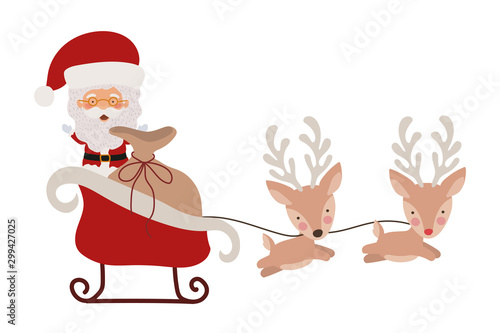 happy merry christmas santa claus in carriage and deer