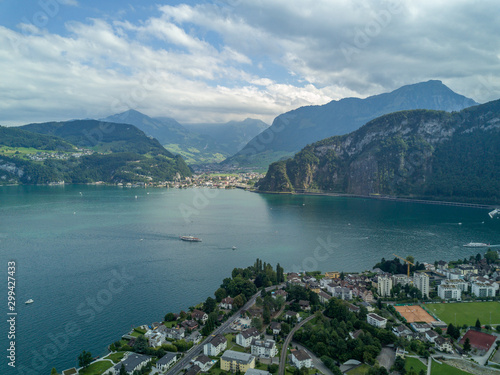 Beautiful aerial drone shot view of Lake Lungernersee in summer time, in Swiss Alps 