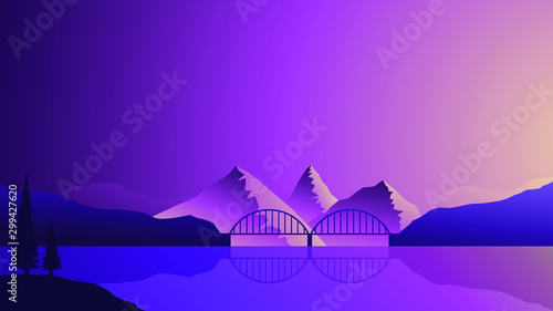 Minimalistic landscape with a view of the bridge, sunrise, mountains, lake.