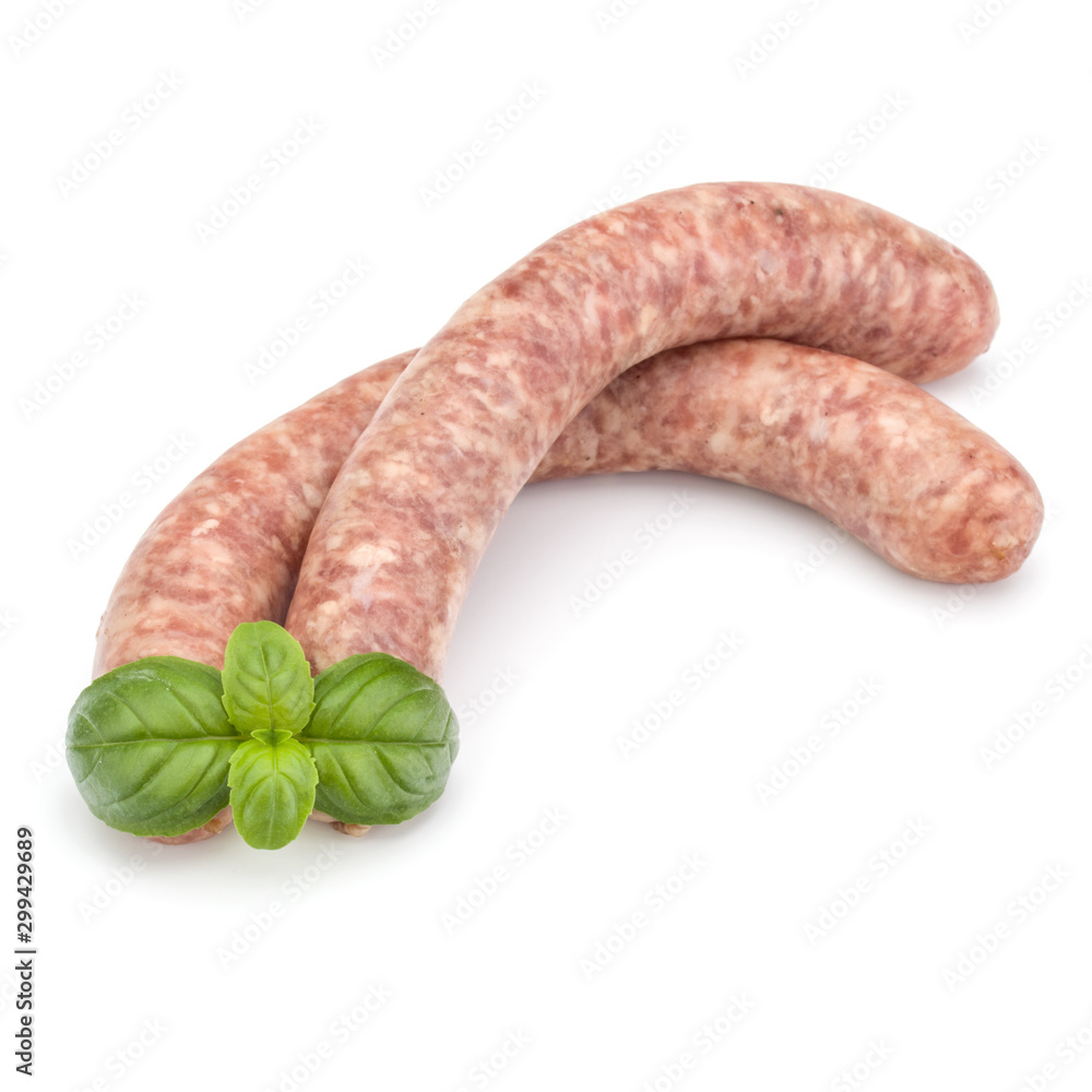 Raw sausage with basil leaf isolated on white background Raw sausage with basil leaf isolated on white background