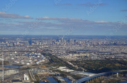 Aerial view of the skyline of the city of Philadelphia and the surrounding areas in Pennsylvania  United States