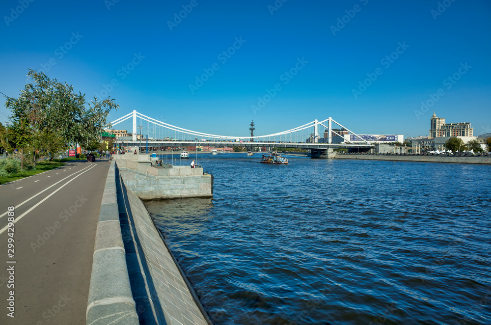 Moscow, Russia - September 24, 2017: Frunze Embankment in Moscow. View of the Crimean bridge and the Moscow River.